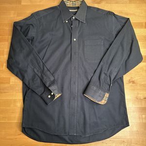 BURBERRY LONDON Button Up Shirt Mens L 16 Blue Long Sleeve 100% Cotton Made USA